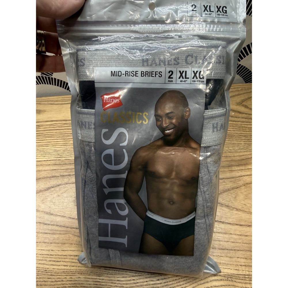 2 Hanes Vtg Mens XL 40-42" Mid Rise Black Grey Briefs Classic Underwear 2004